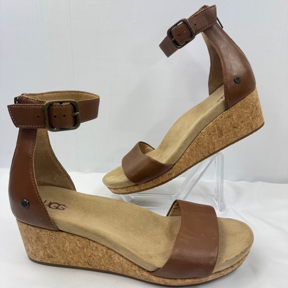 UGG Women Brown Leather Cork Wedge Ankle Strap Sandals 1102674 Size 9.5 - Picture 4 of 14